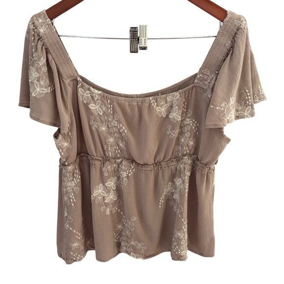 Indigo Thread Co Women's Beige Cropped Top Sz XL Embroidered Boho Flutter Sleeve - Picture 2 of 6